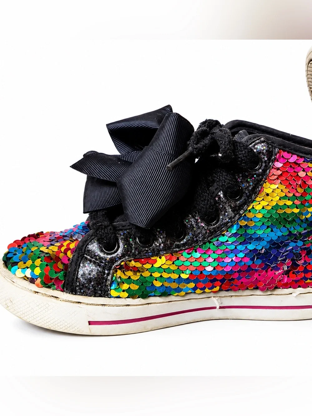 Justice Rainbow Sequin High Top Sneakers Girls Bow Ribbon MultiColor Glitter 12